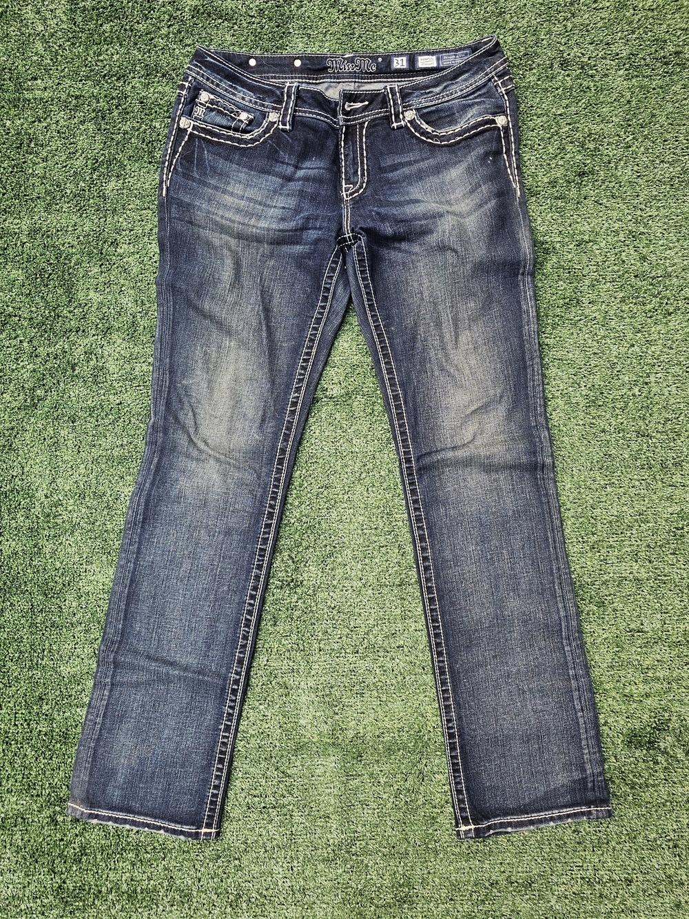 Miss Me Indigo Straight Leg Jeans with Contrast Stitching